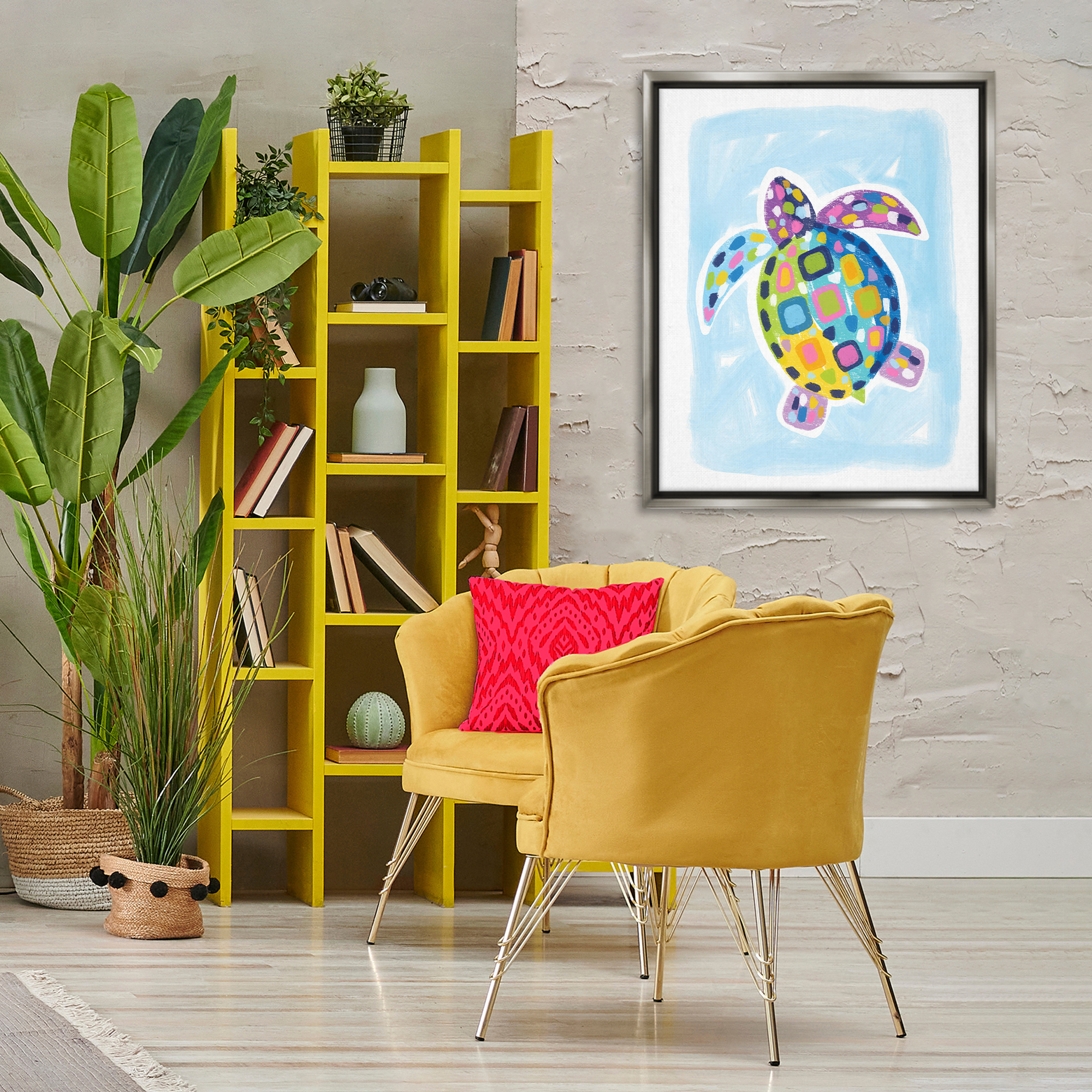 Stupell Industries Mosaic Turtle on Blue Animals & Insects Painting Gray Floater Framed Canvas Art Print Wall Art, 25 x 31