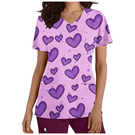 

Yyeselk Scrub Tops Women Scrubs Nurse Working Uniforms Heart Print V Neck Short Sleeve Shirts with Pockets Summer Nursing Blouses Pullover T-Shirts Tshirts Tee Shirt Purple S