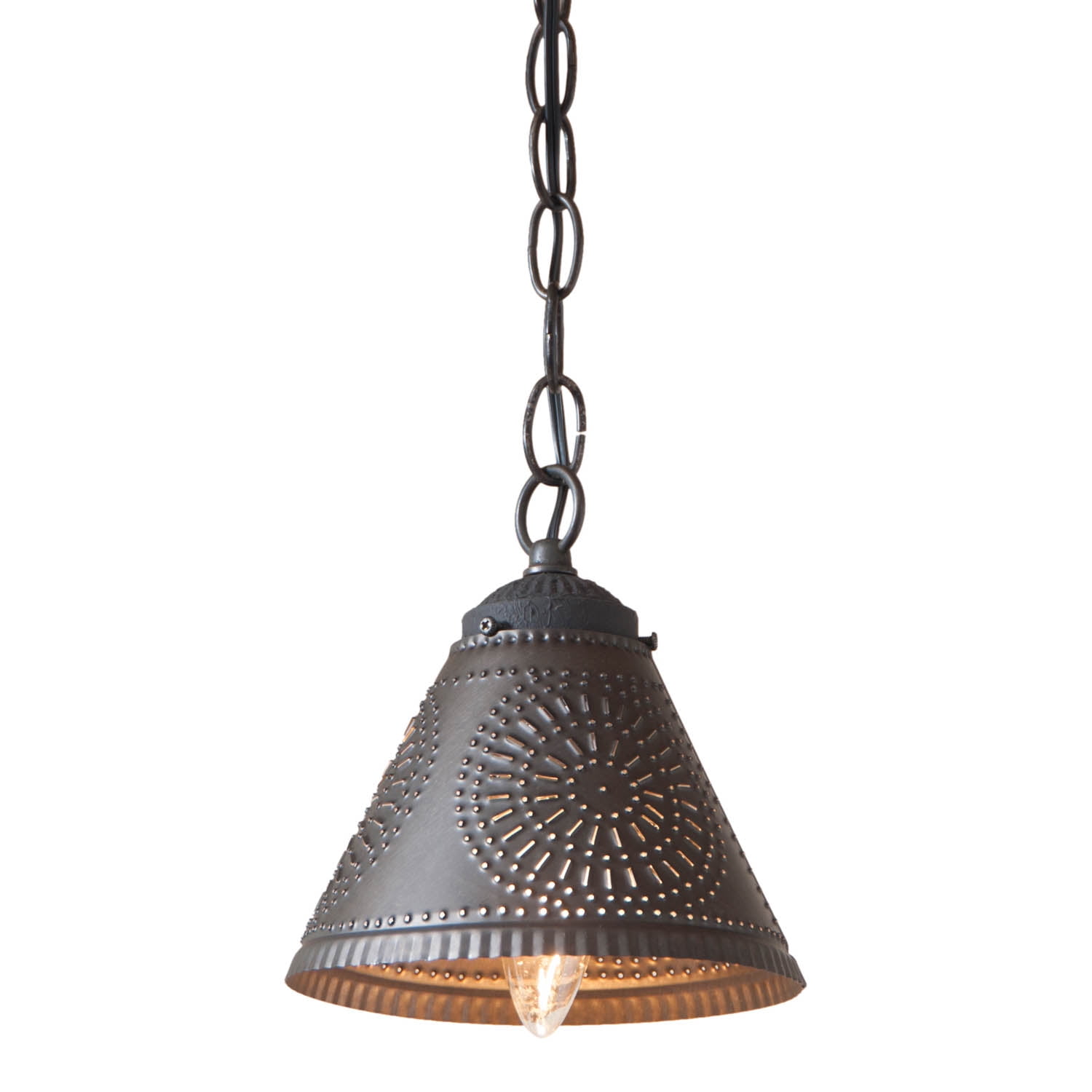 Country new HOMESPUN red hanging wood ceiling light w/ black punched tin shade 