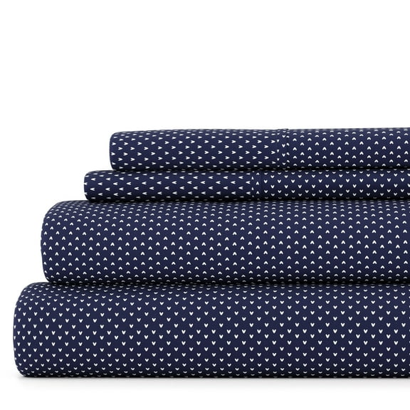 Noble Linens 4 Piece Pattern Microfiber Bed Sheets Set, Navy My Heart, Queen