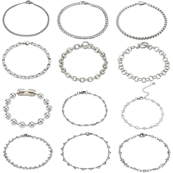 12pcs 12 Styles 304 Stainless Steel Assorted Chain Bracelet Sets Dolphin/Heart Link Bracelets Venetian/Ball Chain Bracelets