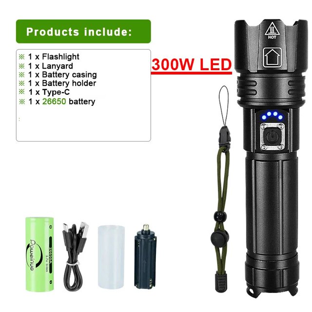 La linterna LED más potente, linterna recargable por USB, linterna de alta potencia, linterna táctica, lámpara de mano de tiro largo para acampar