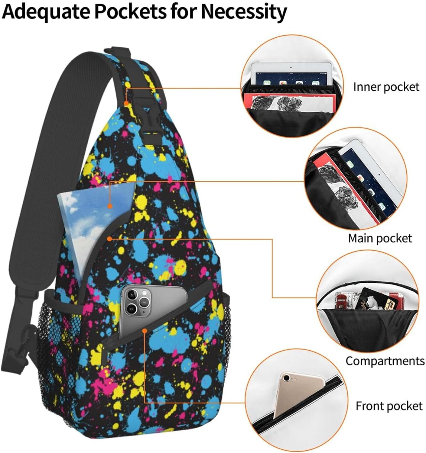 Glow in Dark Neon Splatter Sling Bag Crossbody Hiking Travel Chest Bags Backpack Shoulder Daypack for Women Men