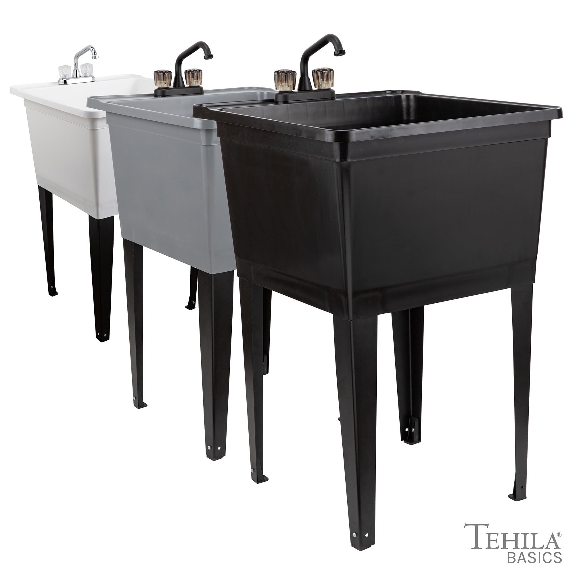 Tehila Black Freestanding Utility Sink with Rust-Proof Steel Legs and Adjustable Levelers for Laundry Room