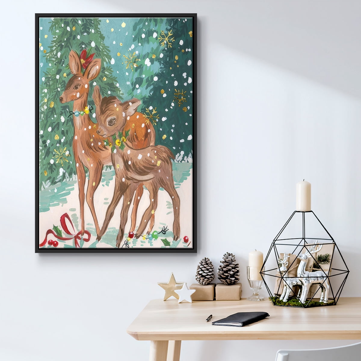 Doe and Fawn I - Framed Gallery Wrapped Holiday Canvas - 25 x 37 - Black Frame