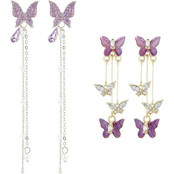 2 Pairs Purple Butterfly Tassel Earrings for Women 2 Styles Butterfly Drop Earrings Rhinestone Dangle Earrings 3D Long Butterfly Earrings Wedding Jewelry for Brides Concert Outfits Lilac