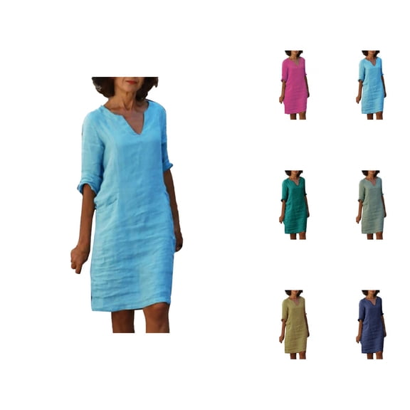 Tshirt Dress Women Cotton Linen 3/4 Sleeve V Neck Loose Fit Knee Length Dress Spring Summer Casual