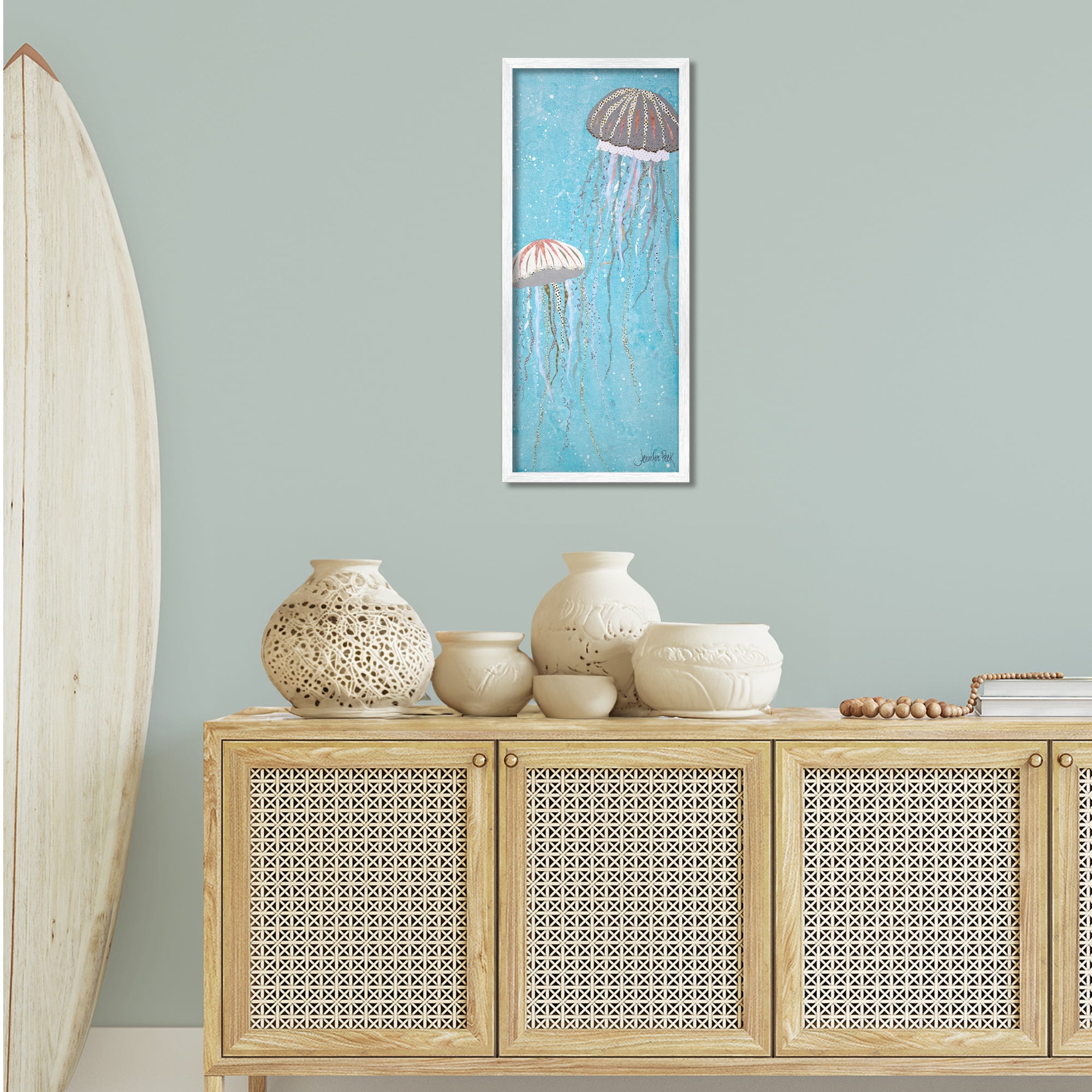 Stupell Industries Crystal Jellyfish Motif Animals & Insects Painting White Framed Art Print Wall Art, 13 x 30