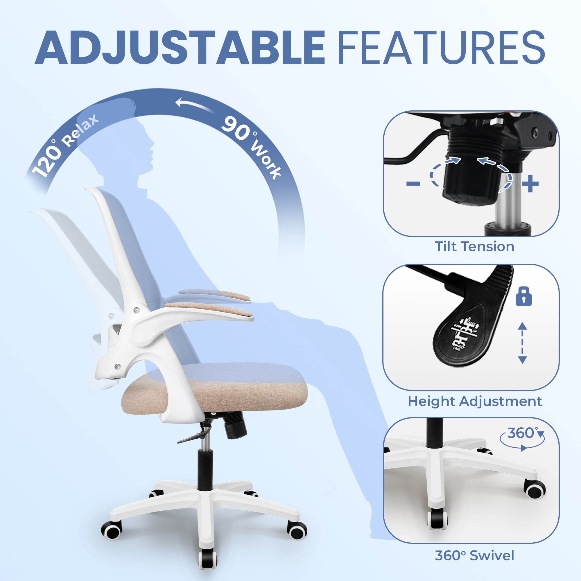 CELTOSS Ergonomic Office Chair, Flip-Up Arms, Adjustable Lumbar Support, Beige