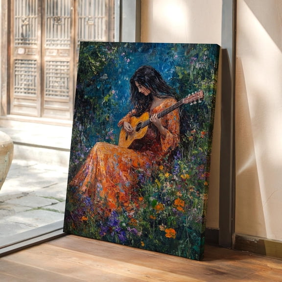 Velto Guitar Woman Canvas, Colorful Floral Music Scene Wall Art, Nature Inspired Portrait Decor, SIZE 8x10 INCLUDE Pine Wood Frame 1.25-Inch