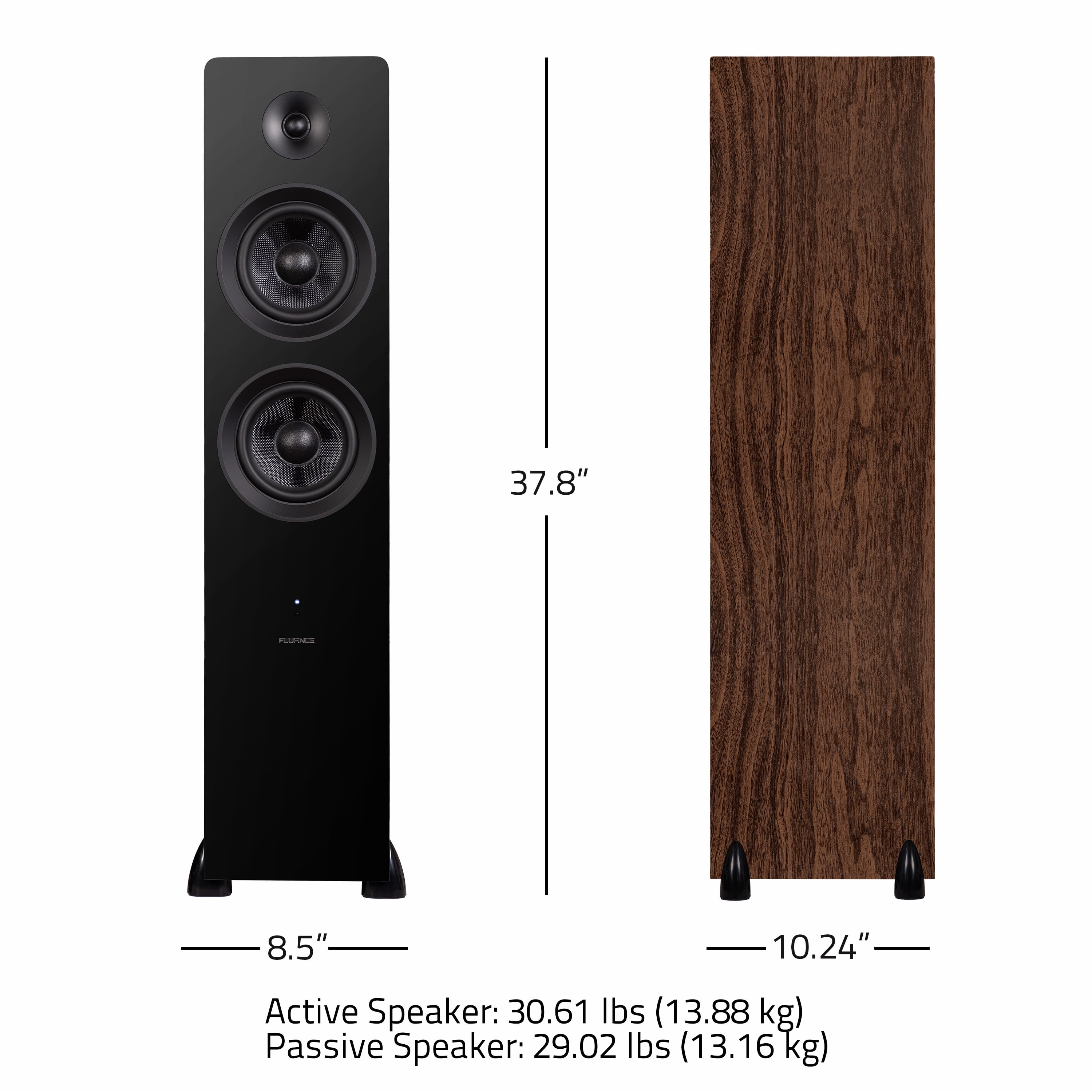 Fluance Ai81 Elite Powered 2-Way Floorstanding Tower Speakers, 150W Built-in Amplifier for 2.0 Stereo Music & Movie Listening, TV, Turntable, PC & Bluetooth - 2x RCA, Optical, Sub Out (Natural Walnut
