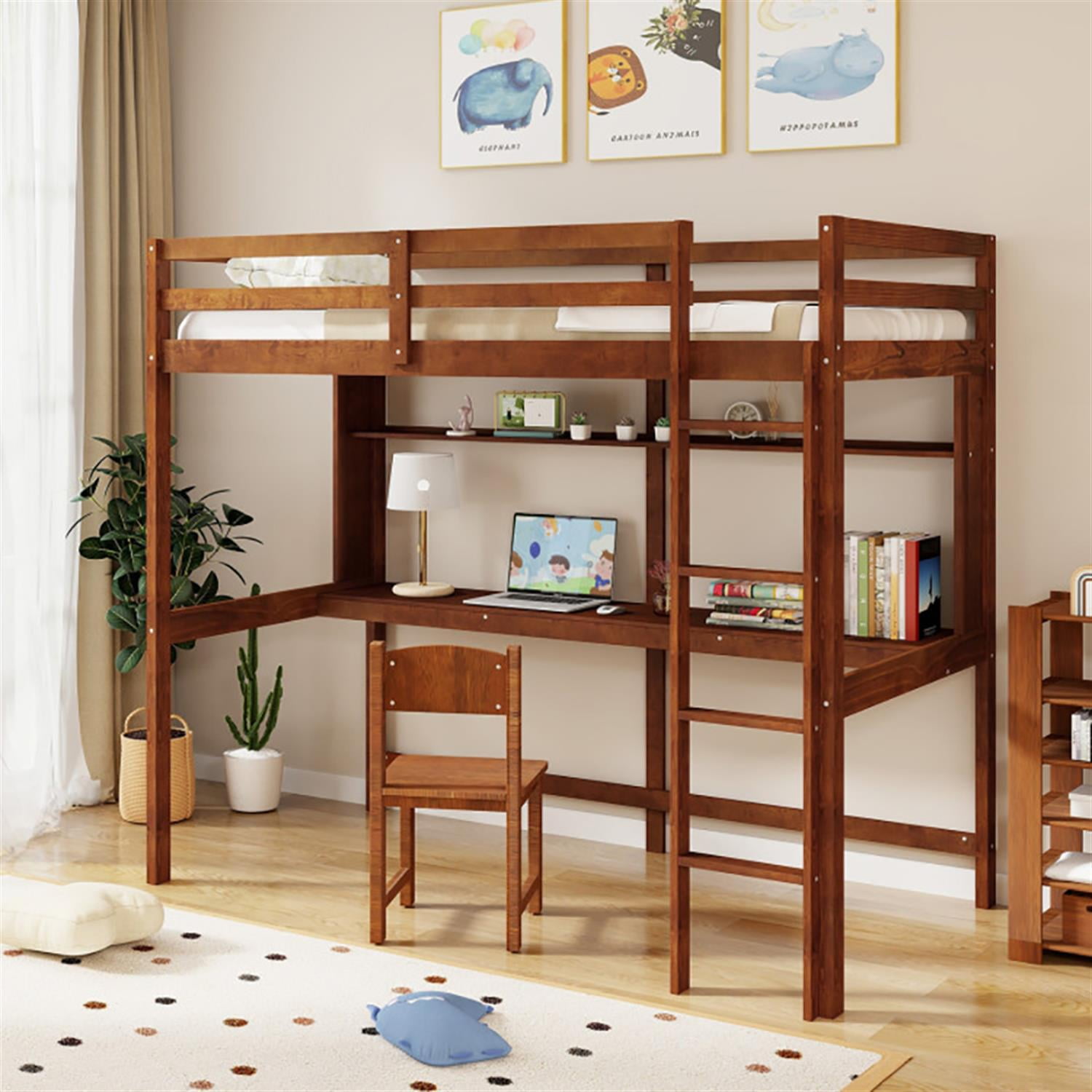 Demi Bonn Loft Bed Twin Size, Solid Wood Low Loft Bed with Guard Rail and Ladder, Modern Wooden Loft Bunk Bed Frame, Brown