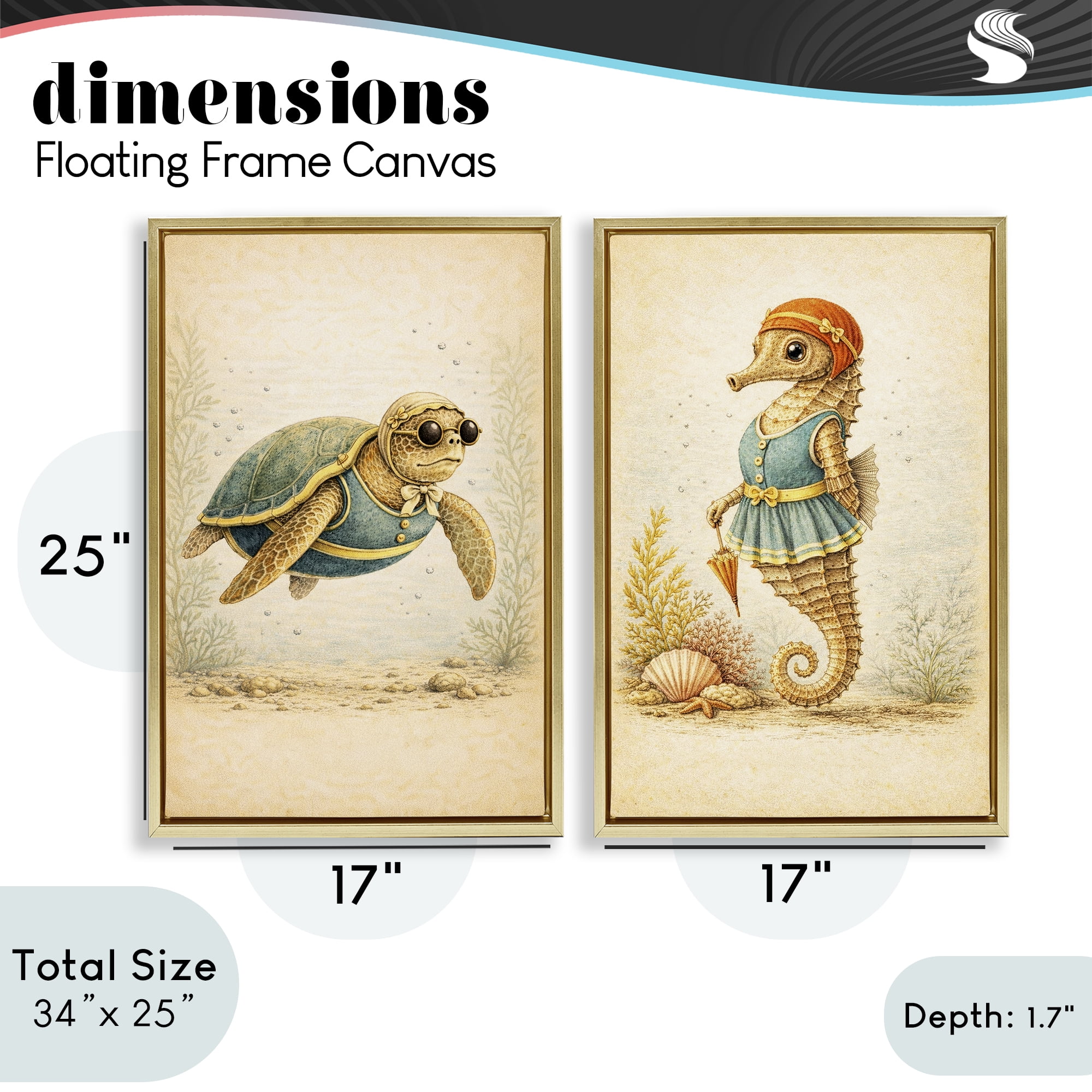 Stupell Industries Vintage Maritime Bathing Animals 2 Piece Gold Framed Floater Canvas Set, design by Grotto Studios