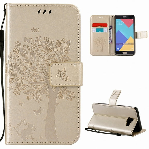 Galaxy A5 2016 Case, Samsung Galaxy A5 Case, Allytech [Embossed Cat & Tree] Slim PU Leather Case Full Body Protective Flip Kickstand Cover with Wrist Strap for Samsung Galaxy A5 2016 Version, Gold