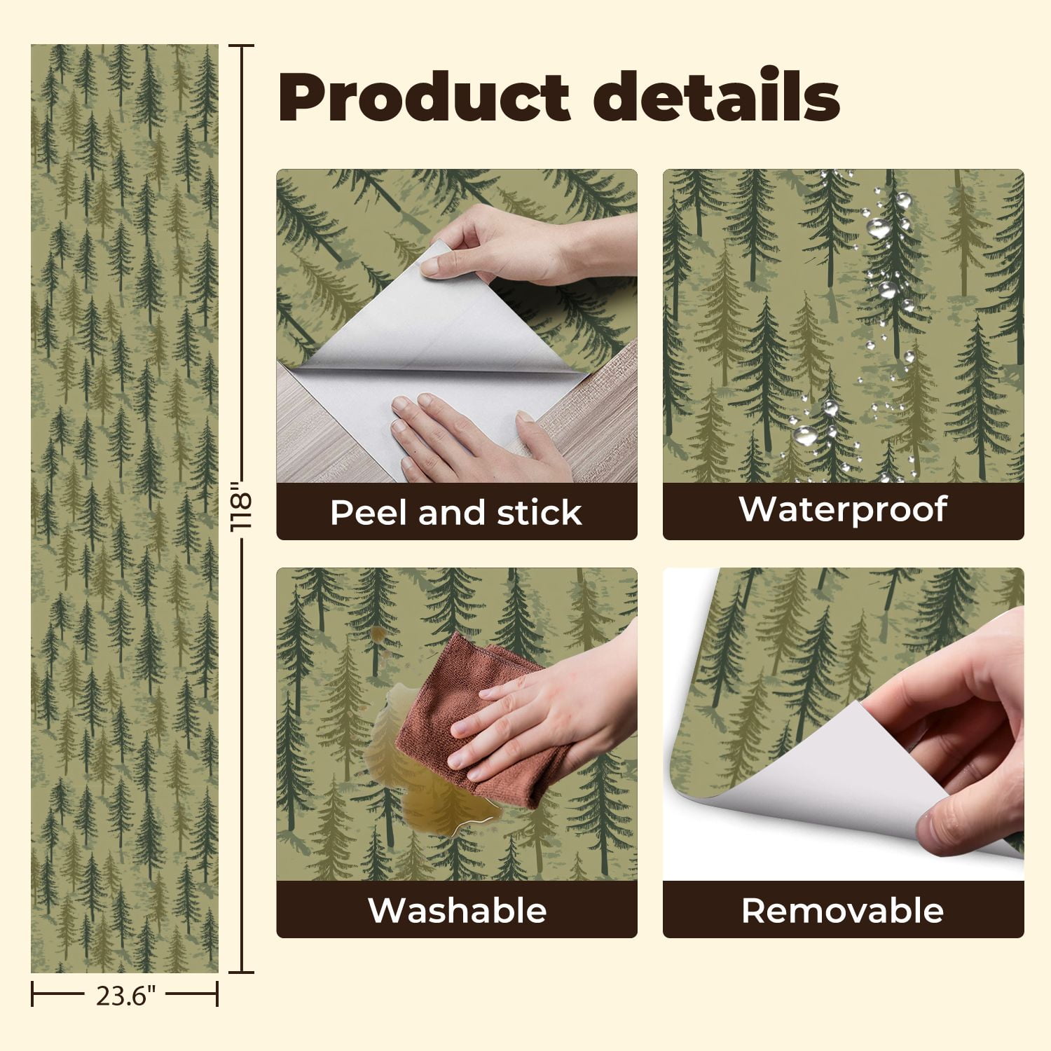Peel and Stick Wallpaper Seamless Pine Tree Forest Green Tones Wall Mural 23.6in x 9.8ft Self Adhesive Removable Wall Paper Renter Friendly Wallpaper for Nursery Bedroom Cabin Decor