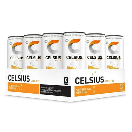 CELSIUS Sparkling Orange Fitness Drink, ZERO Sugar, 12oz. Slim Can, 12