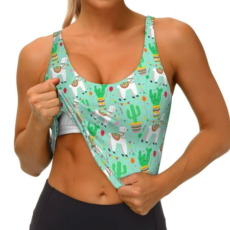 Qokaie Cute Alpaca 1 Pattern Womens Scoop Neck Sports Bra Breathable Workout Vest Padded U Back Medium Impact Fitness Gym Yoga Bra Workout Crop Top