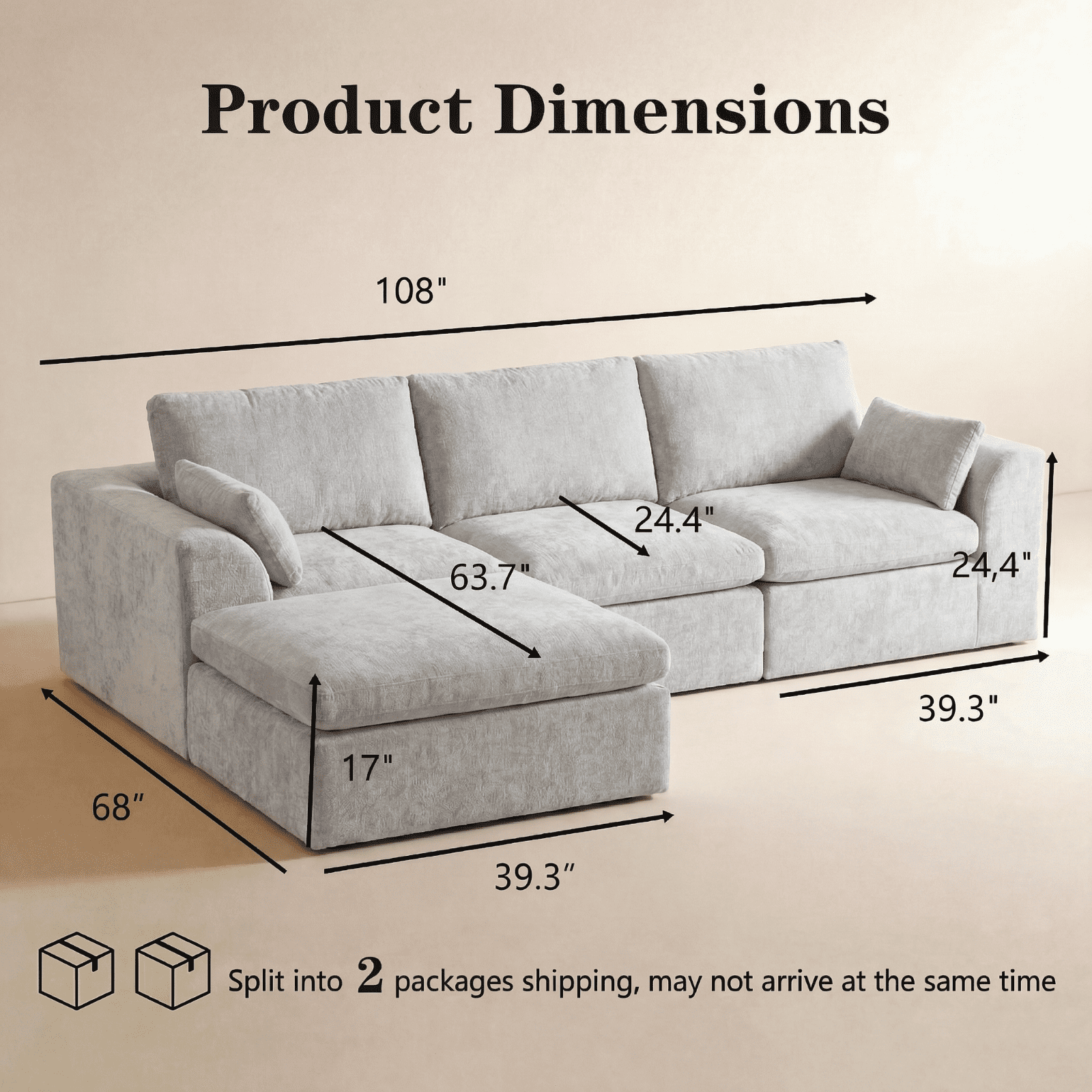 Cubente 108" Cloud Sectional Couch, Boneless Couch, L Shaped Couch with Ottoman, Chenille Modular Sofa for Living Room