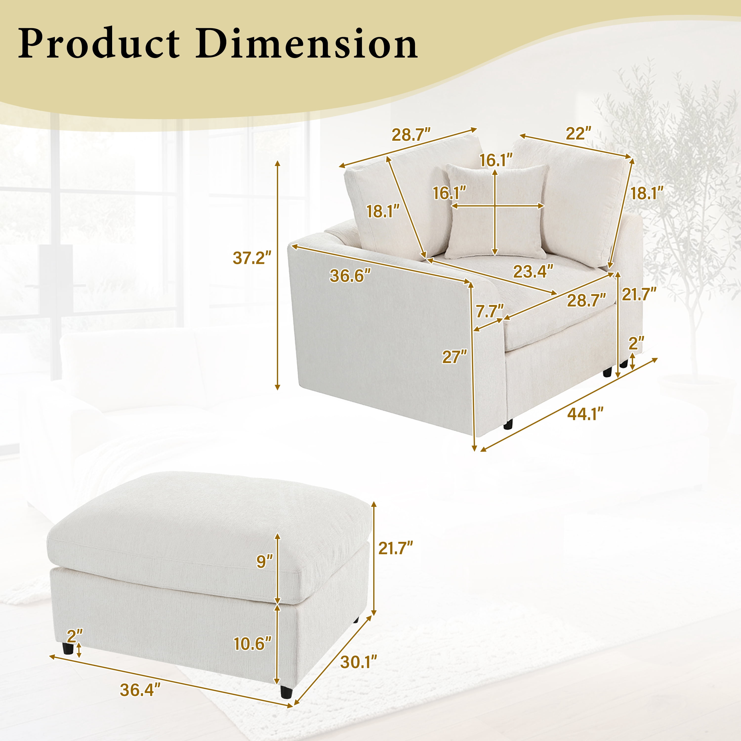 Howcool Chenille Accent Chair with Ottoman,Modern Lounge Chair Set with Solid Wood Frame,Comfy Armchair with Throw Pillow for Living Room,Apartment,Beige