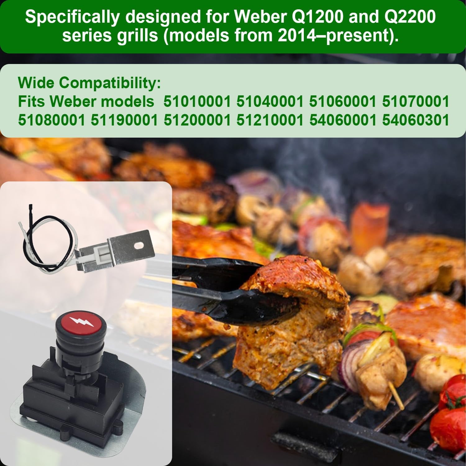 Aniceparthy 64868 Grill Igniter Kit,Electronic 2-Outlet Ignition Kit for Weber Q1200 Q2200 Series Gas GrillsParts(2014+), Push Button Igniter Kit Replace Weber 51010001 51200001