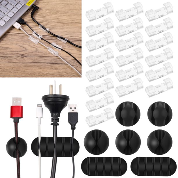 Rumbeast 27Pcs Cable Holder Clips Set, 7Pcs Black Adhesive Cord Holders and 20Pcs Transparent