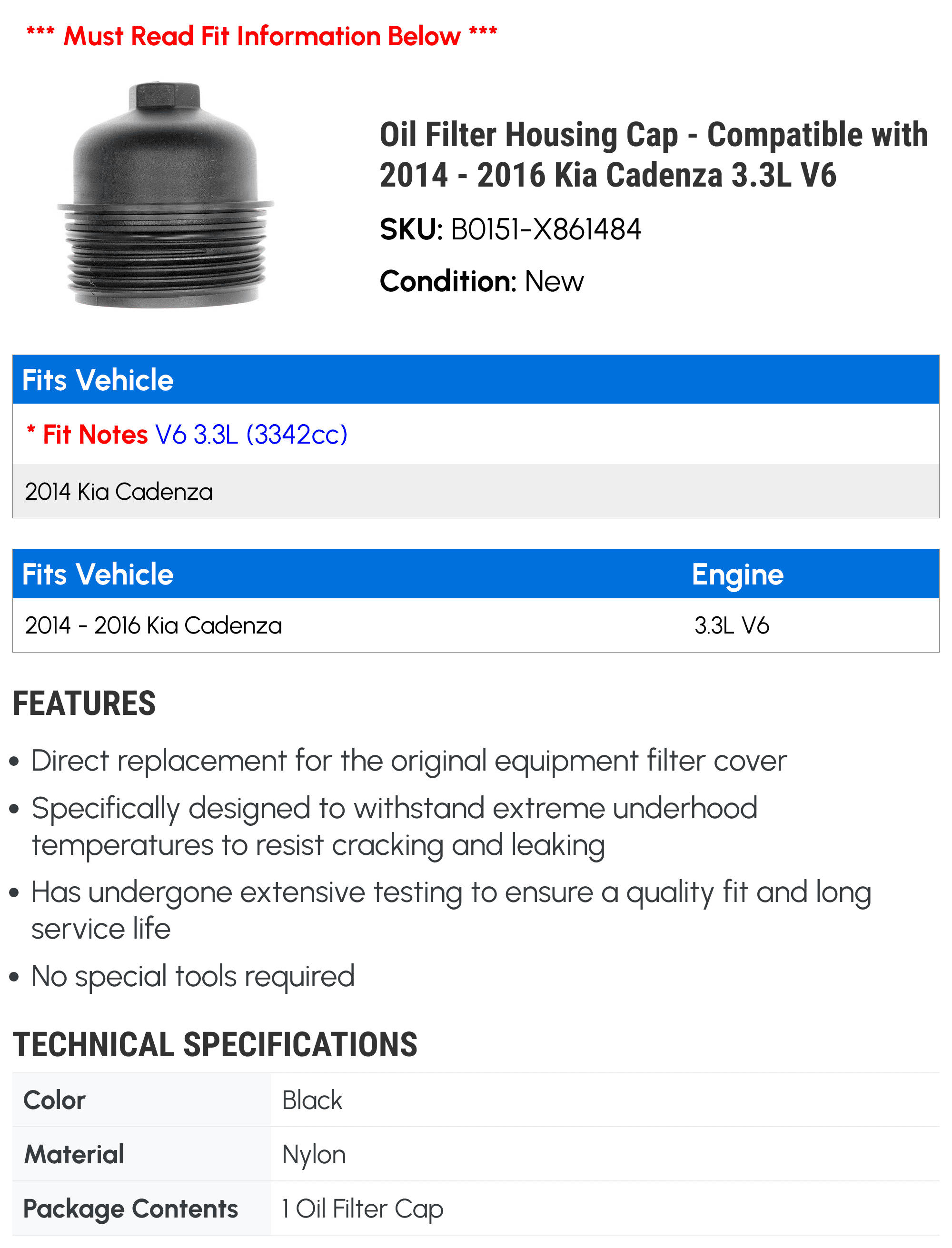 Oil Filter Housing Cap - Compatible with 2014 - 2016 Kia Cadenza 3.3L V6 2015