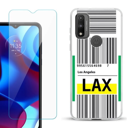 Slim-Fit Gel TPU Phone Case for Motorola Moto G Pure with Tempered Glass Screen Protector by OneToughShield ® - Airport Tag / Los Angeles