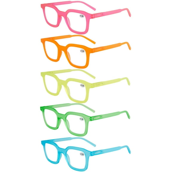 5 Pairs of Women Square Reading Glasses Men Oversized Clear Candy Color Fashion Classic Spring Hinges Readers HD Eyeglass Frame