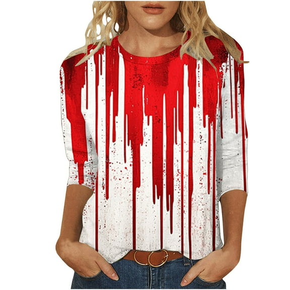FDGIU 2025 Women's Plus Size Tunic Tops - Funny Halloween Novelty Shirts, 3/4 Length Sleeve Crew Neck Blouse, Loose Fit Casual Fall Winter Tops