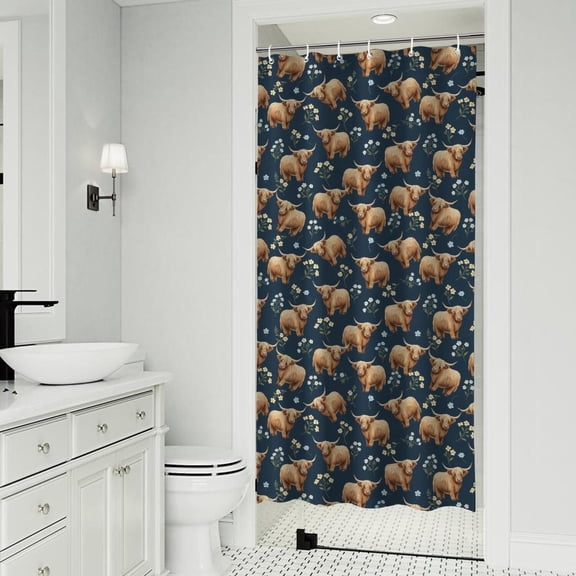 Blue Highland Cow Flower Pattern Shower Curtain 36"x72" ,Bathroom Decorative Shower Curtains Set with 12 Hooks,Modern Waterproof Washable Shower Curtain