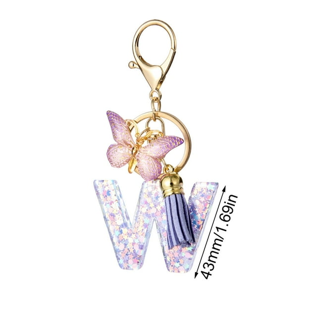 Car Key Chain with 26-Letter Resin Pendant Butterfly Design and Gradient Tassel