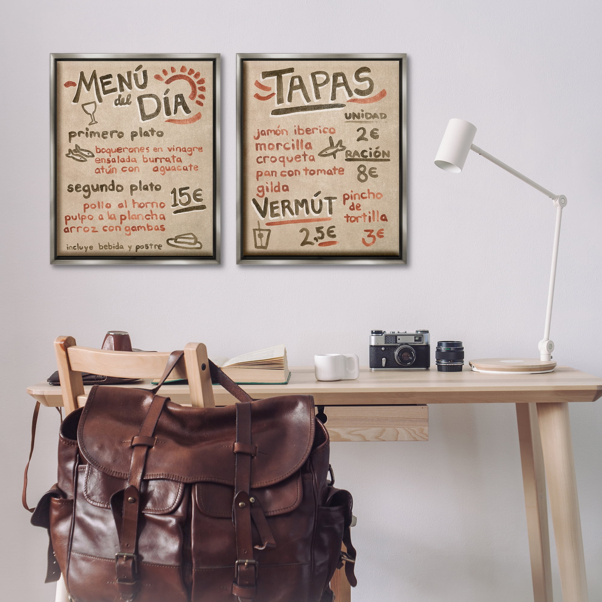 Stupell Industries Travel Tapas Menu Food & Beverage Painting Gray Floater Framed Canvas Art Print Wall Art, 31 x 25, Set of 2