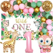 Pink Safari 1st Birthday Decorations for Girls, Jungle Theme Wild One Backdrop and Pink Sage Green Balloon Arch, Forest Animal Balloons Pink Number 1 Balloon for Baby Girl First Birthday Party