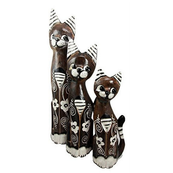 Balikraft Hand Made Wood Artisans "Kucing Banyuwangi" Large Striped Ears Feline Cats Family Set of 3 Decorative Figurines 20"H
