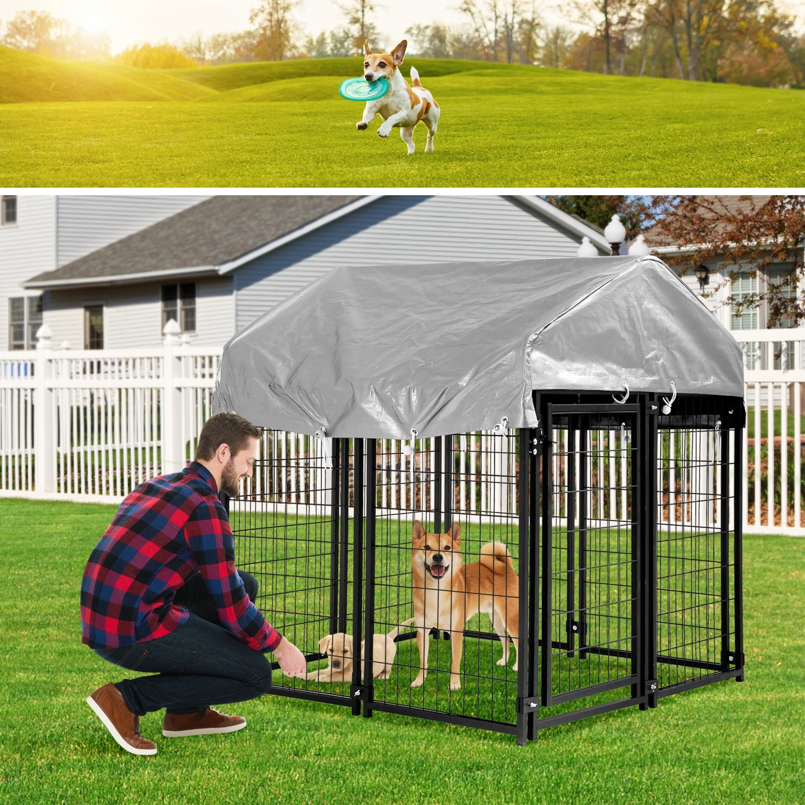 Dkelincs 4'x4'x4.4' Heavy Duty Large Dog Kennel Metal Dog Cage Crate Outdoor Pet Playpen with UV Cover, Black