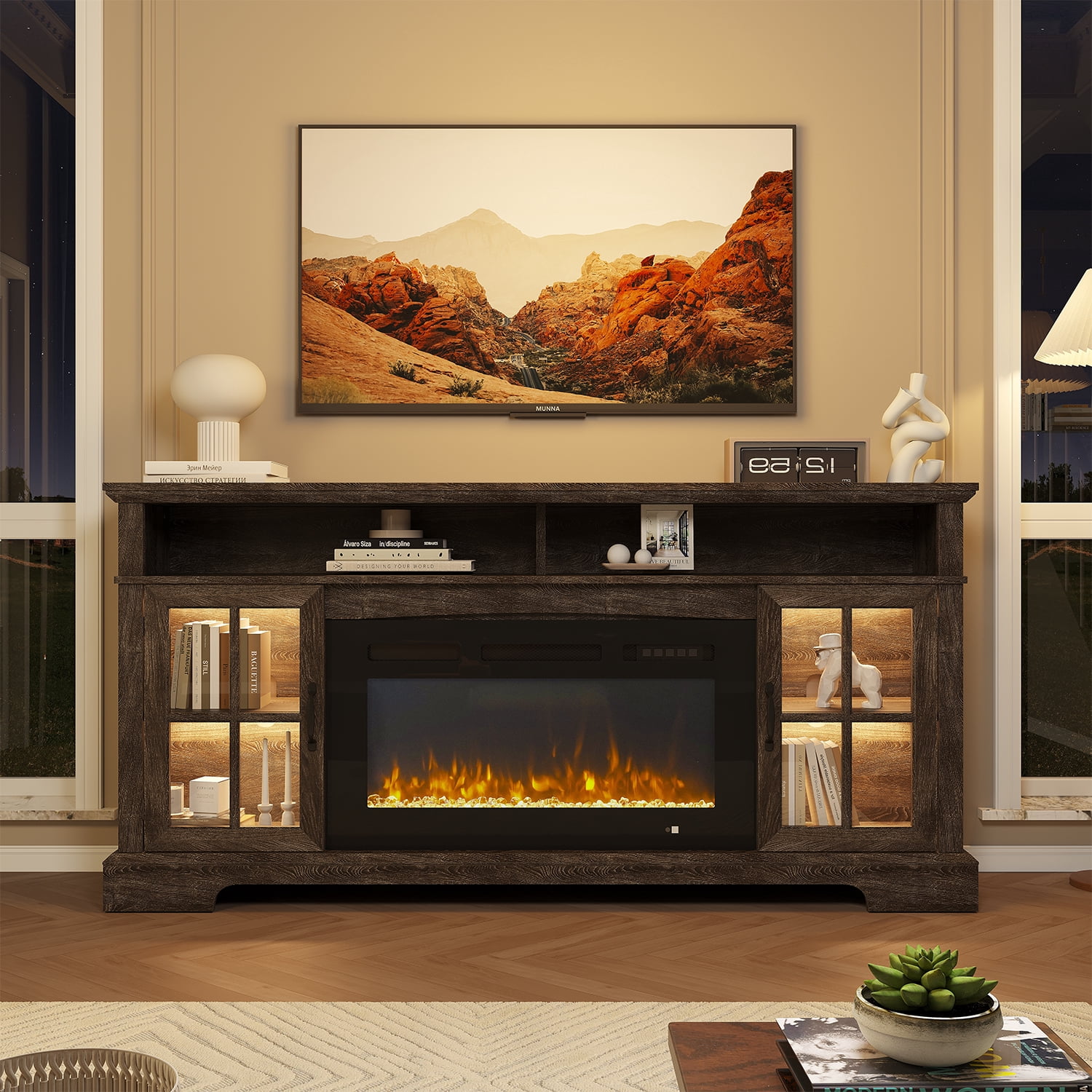 Sonegra Fireplace TV Stand with Glass Door for TVs up to 80", 70" Entertainment Center with Fireplace, Media Console for Living Room, Gray