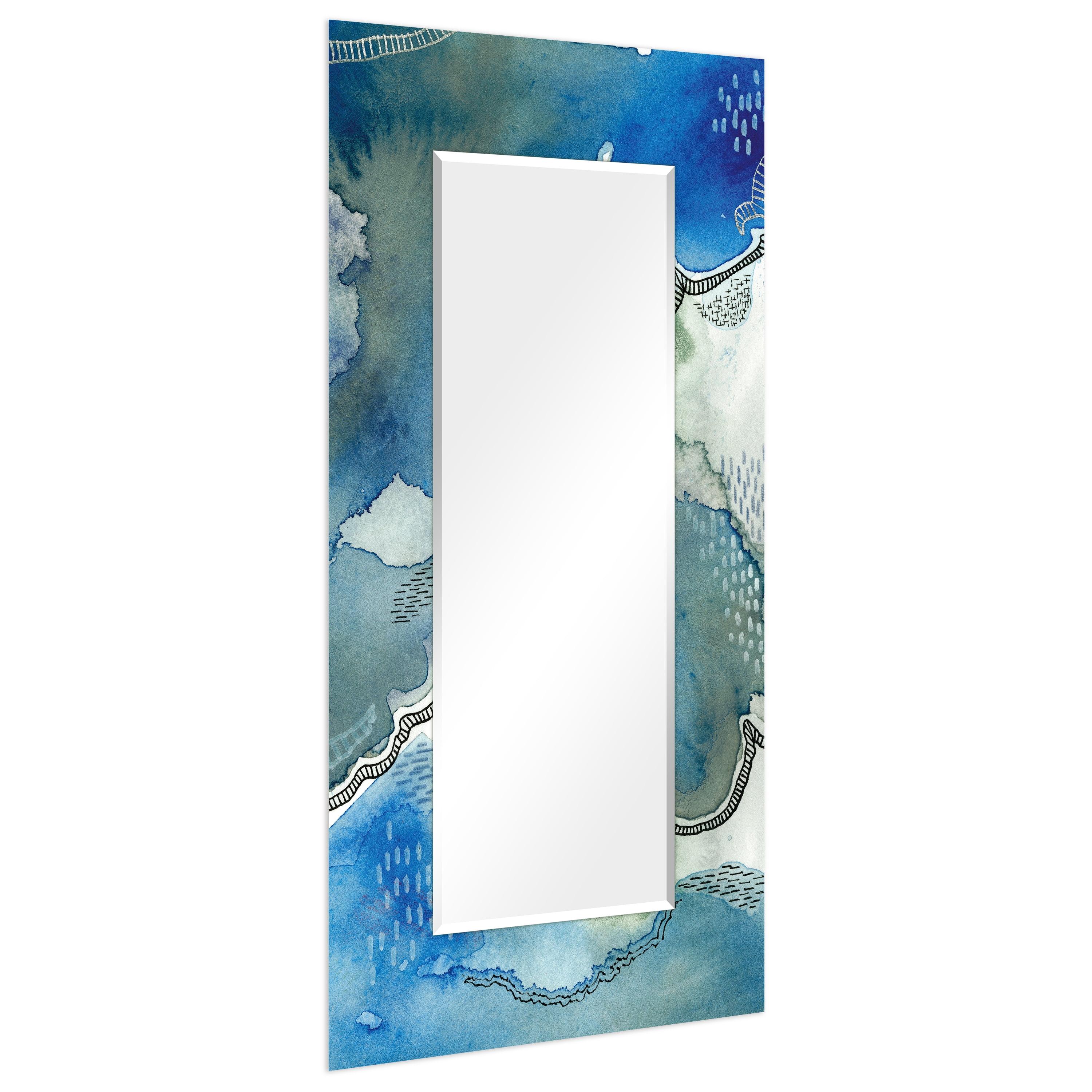 Empire Art Direct "Subtle Blue"Abstract Rectangular Beveled Wall Mirror on Free Floating Tempered Glass - Multi 72 x 36 Blue, Ivory