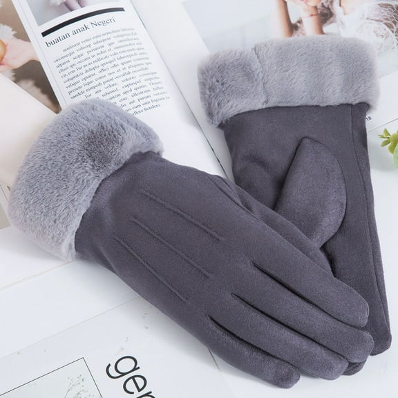 Nvzi Women Winter Gloves Thermal Gloves Windproof Outdoor Suede Gloves-Grey
