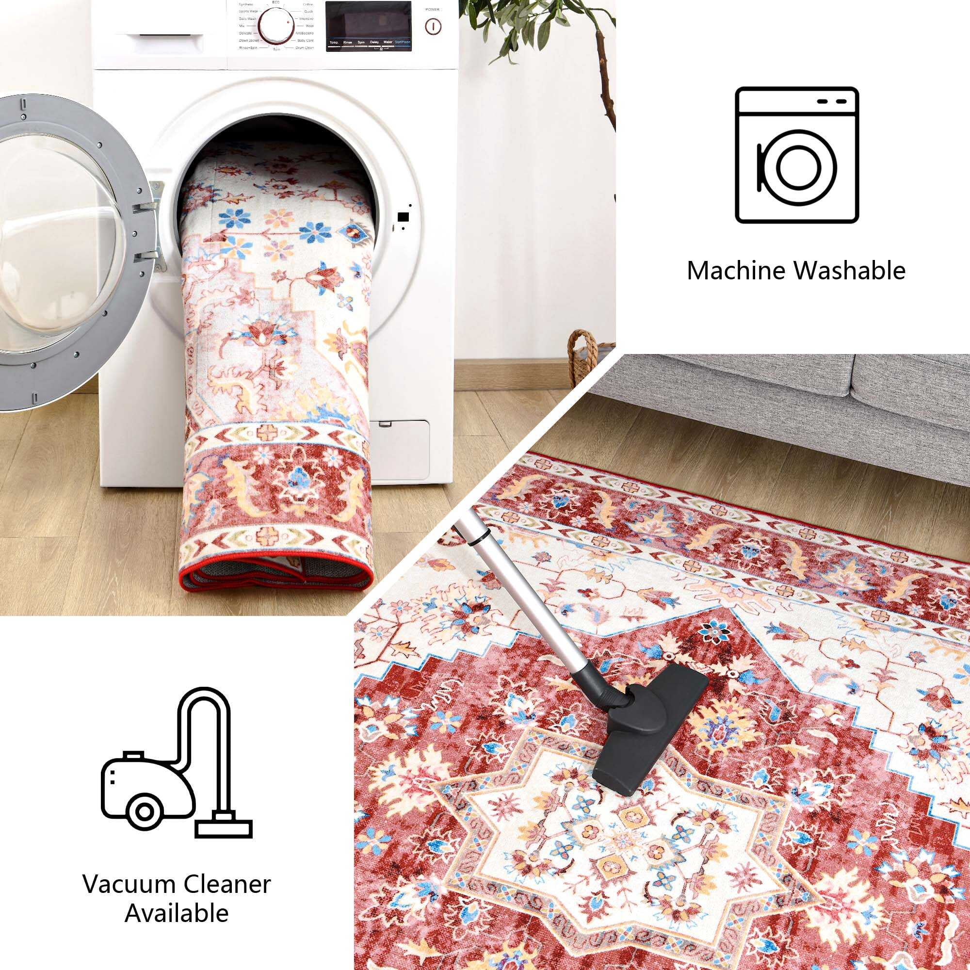Softlife Ultra-Thin Chenille Vintage Area Rug Non Slip Washable Oriental Tribal Antique Carpet Home Decor Boho Style,6'x9',Red