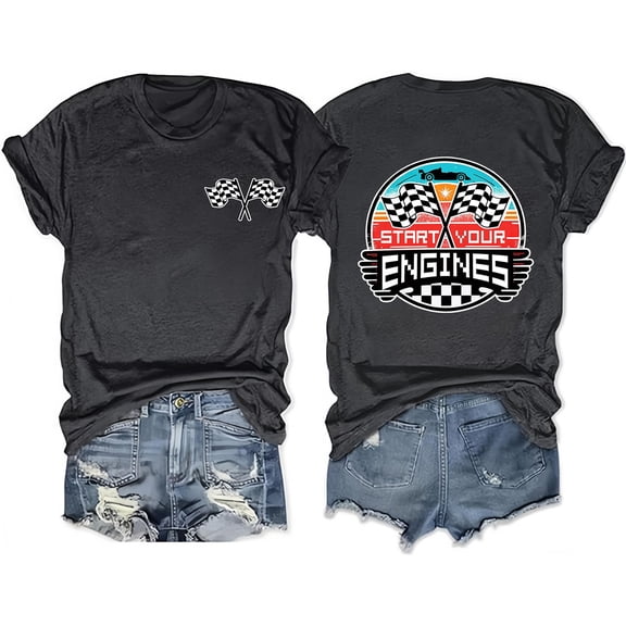 Trendfront Womens Race Day T-Shirts Crewneck Short Sleeve Loose Fit Graphic Tops Start Your Engines Retro Pullover Tee Clothing