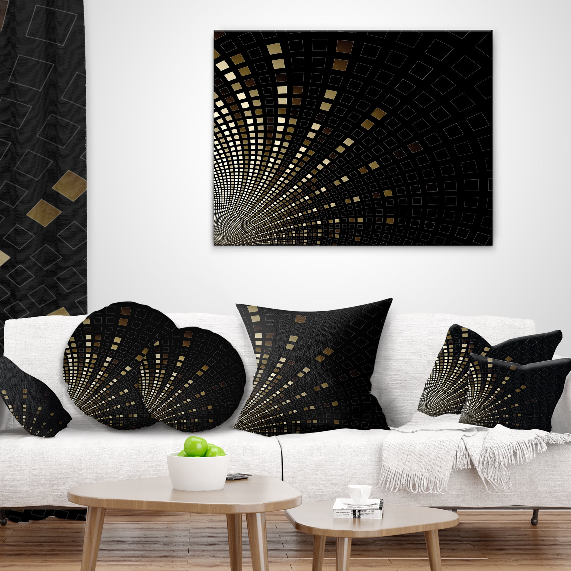 Designart Gold Square Pixel Mosaic on Black - Abstract Throw Pillow - 12x20