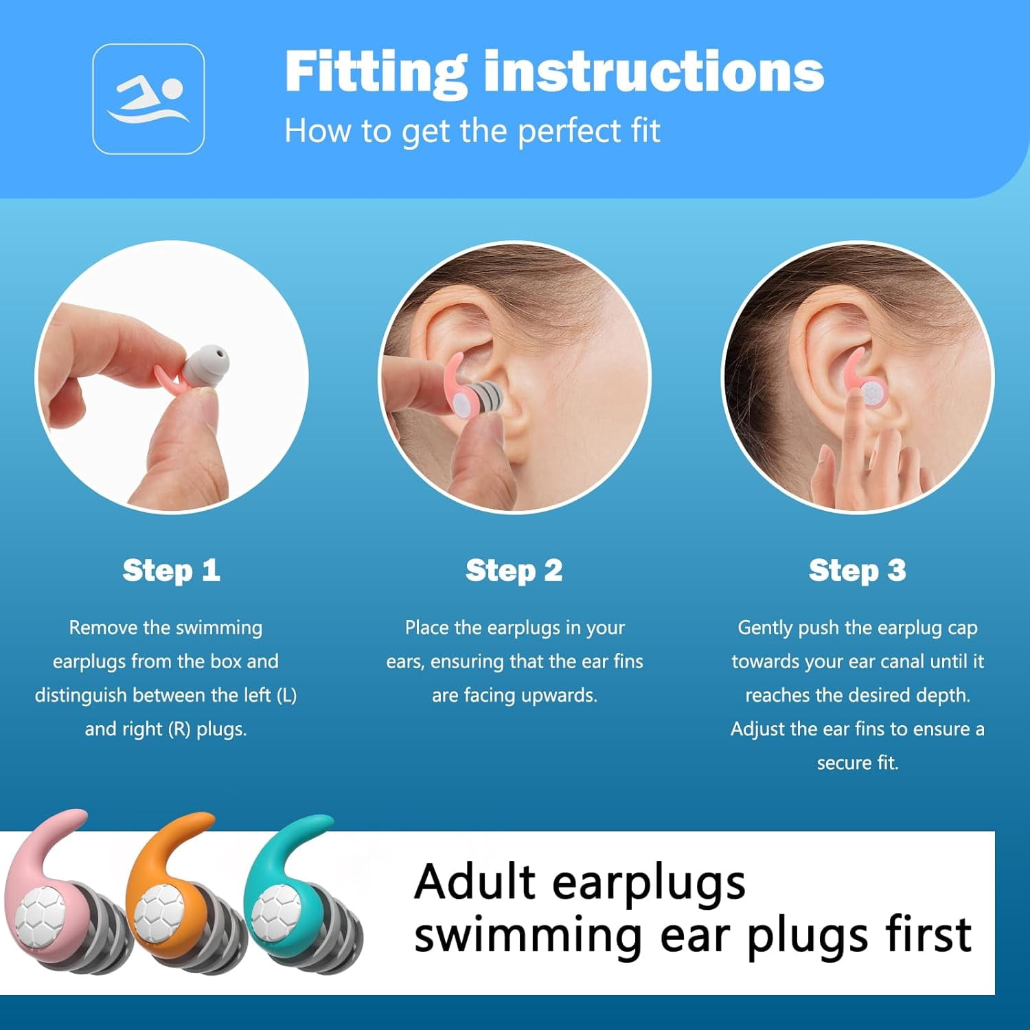 Swimming Ear Plugs for Adults,3 Pairs Waterproof Silicone Reusable Swim Earplugs for Swimming Surfing Diving Showering, Recommended for 14 Years Olds up