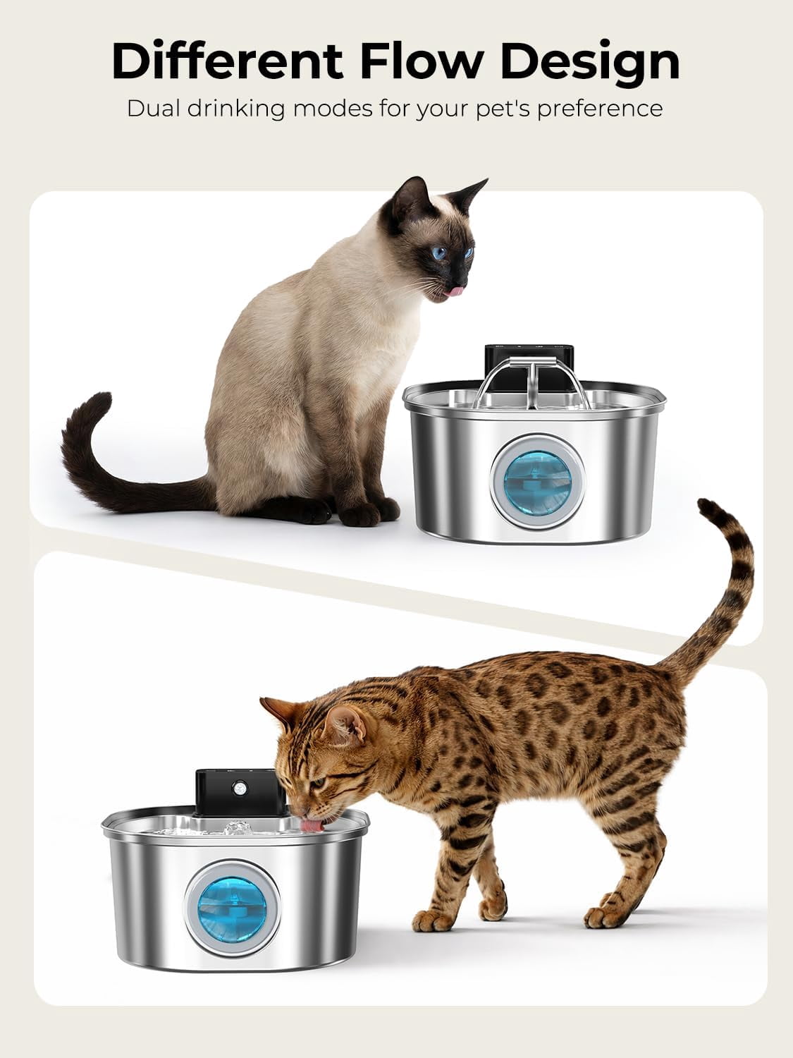 Stainless Steel Wireless Cat Water Fountain: 3.2L/108oz 3-Modes Pet Drinking Fountain Indoor Cordless Motion Sensor with Pet Water Dispenser Bowl with Water Level Window, BPA-Free, 4Filter