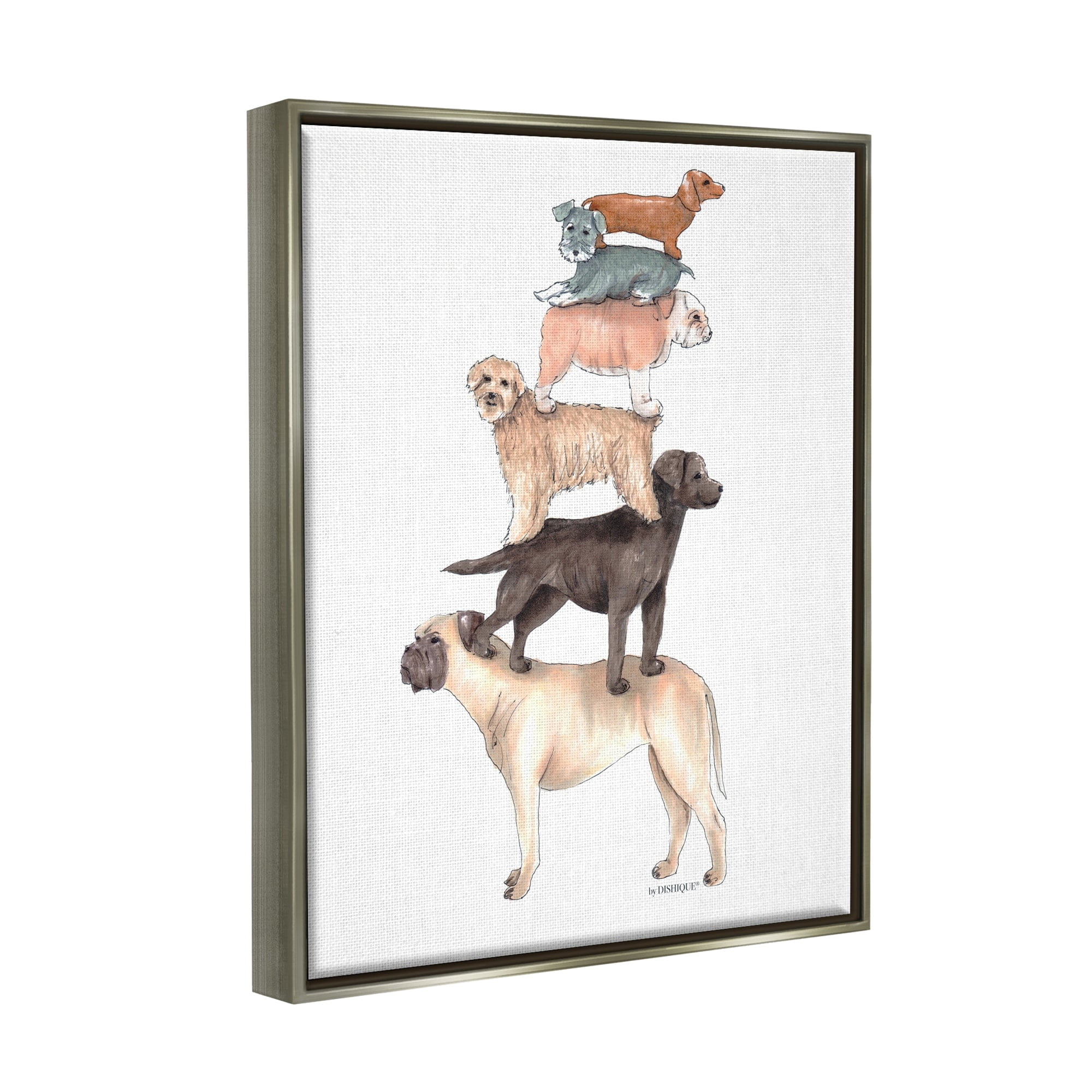 Stupell Industries Mixed Stacked Dog Breeds Standing Balancing Illustration Graphic Art Luster Gray Floating Framed Canvas Print Wall Art, Design by Dishique