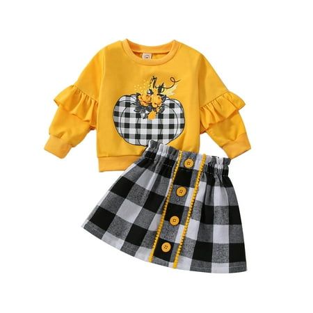 

Sunisery Kids Baby Girls Halloween Clothes Set Pumpkin Flower Print Long Sleeve Tops Plaid A-Line Skirt