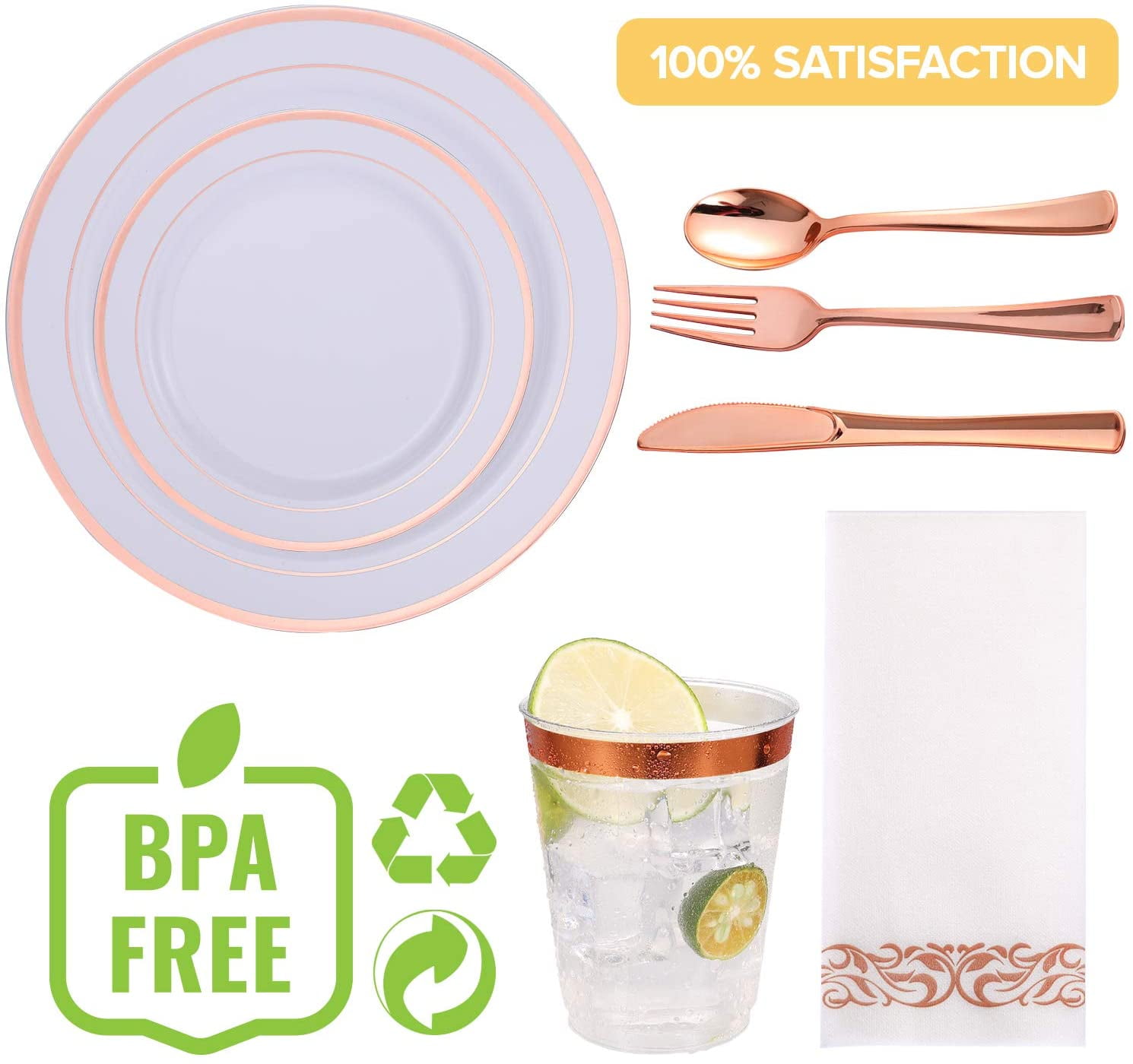 Focusline [175pack] Disposable Dinnerware Set 25 Guest-50 Rose Gold Rim Plastic Plates-25 Rose Gold Plastic Silverware-25 Rose Gold Plastic Cups-25 Linen Feel Paper Napkins