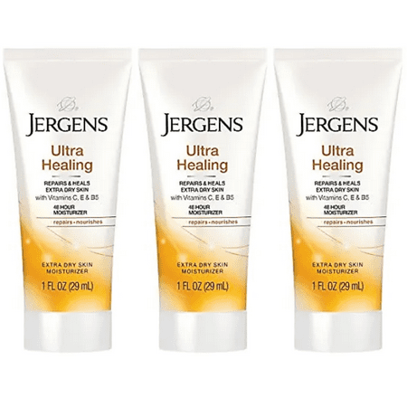 Jergens Ultra Healing Dry Skin Moisturizer, TSA Compliant Travel Size Body and Hand Lotion, for Extra Dry Skin, Use After Washing Hands, HYDRALUCENCE blend, Vitamins C, E (Pack Of 3)