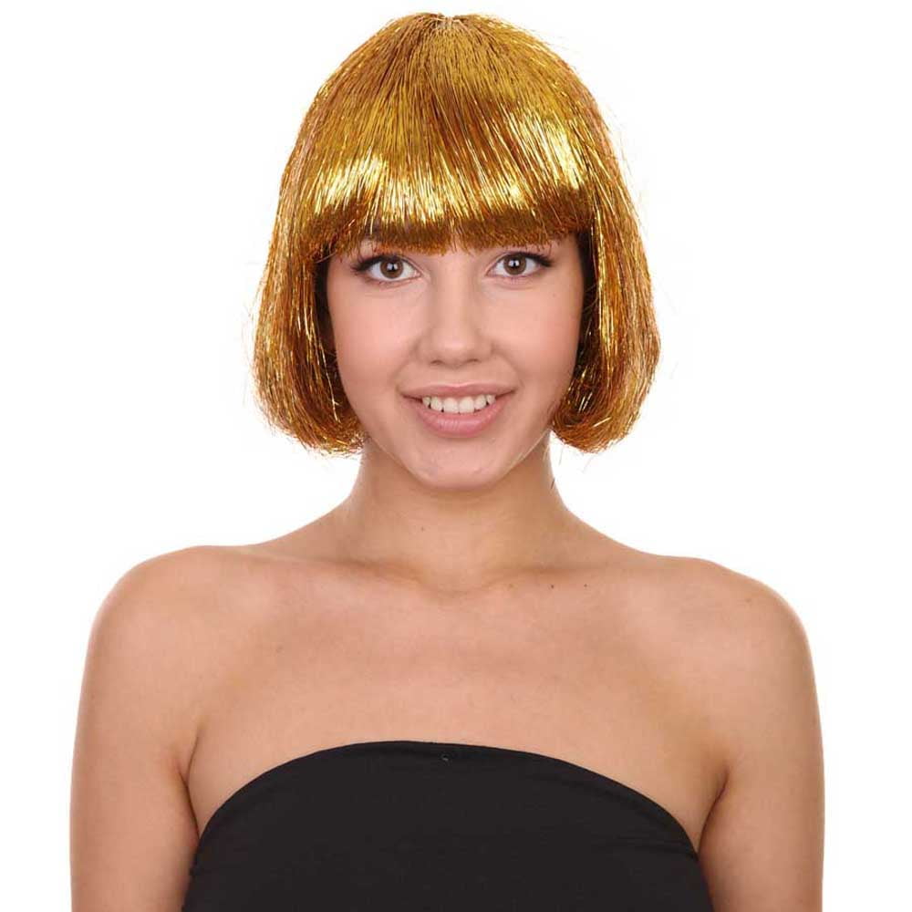 HPO Adult Women's Gold Tinsel Bob Wig | Breathable Capless Costume Hair | Festival & Party Wig