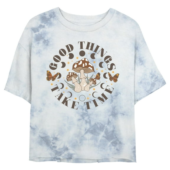 Junior's Lost Gods Good Things Take Time Mushrooms Graphic Crop T-Shirt White/Blue X Large