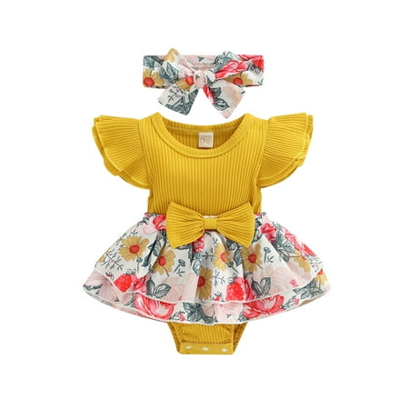 

ZIYIXIN Newborn Baby Girl Summer Clothes Floral Romper Ruffle Fly Sleeve Tutu Romper Dress Bodysuit With Headband Set Yellow 12-18 Months